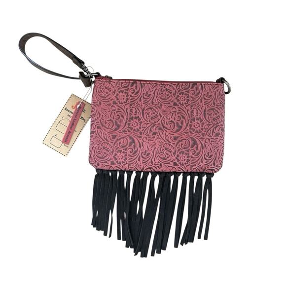 NWT! Justin Women's Red Western Fringe Convertible Mini Shoulder Wristlet Bag - Picture 3 of 6